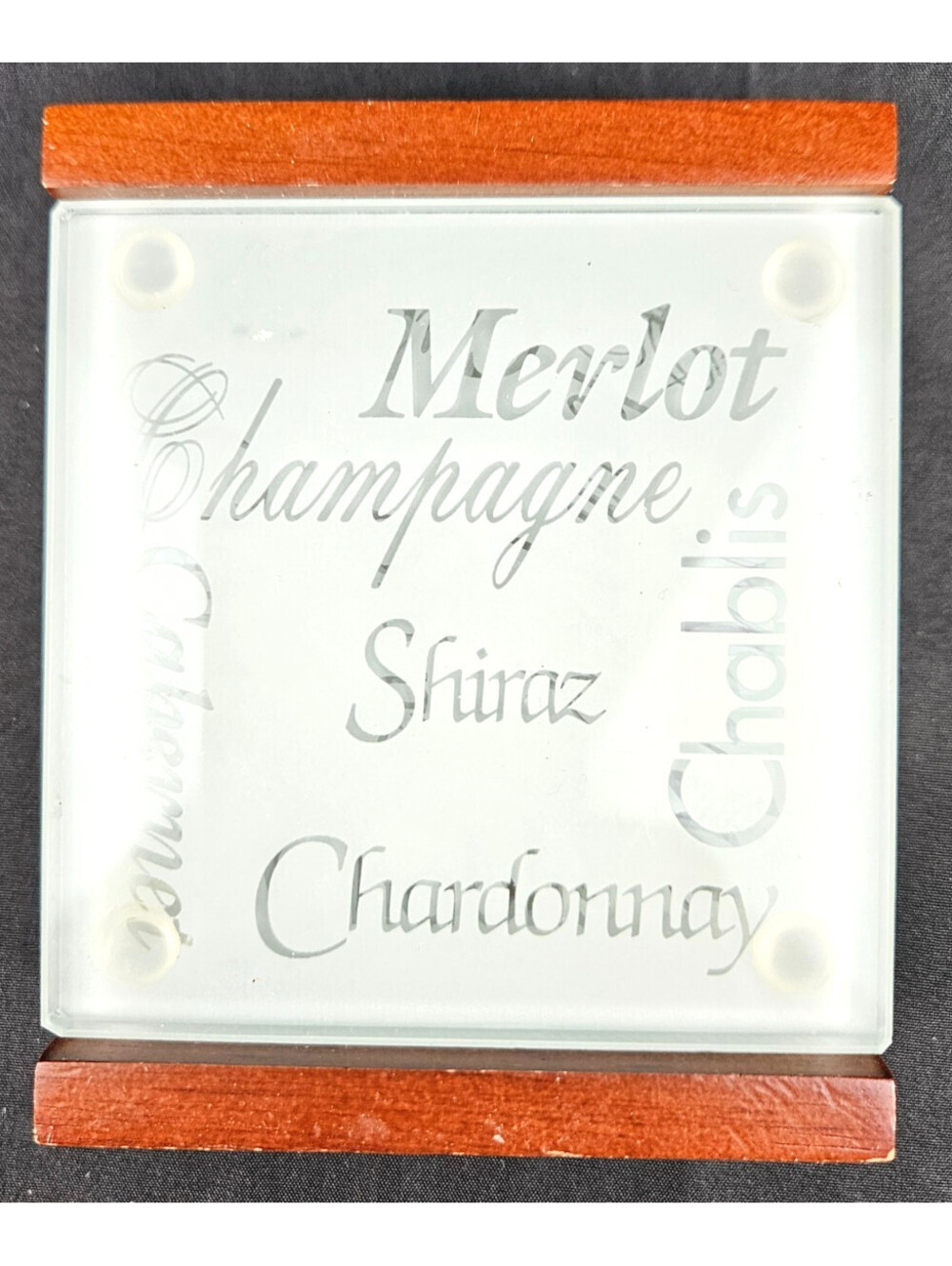 Frosted Glass Coasters Set Of Four W/Wood Holder & Names Of Various Wines